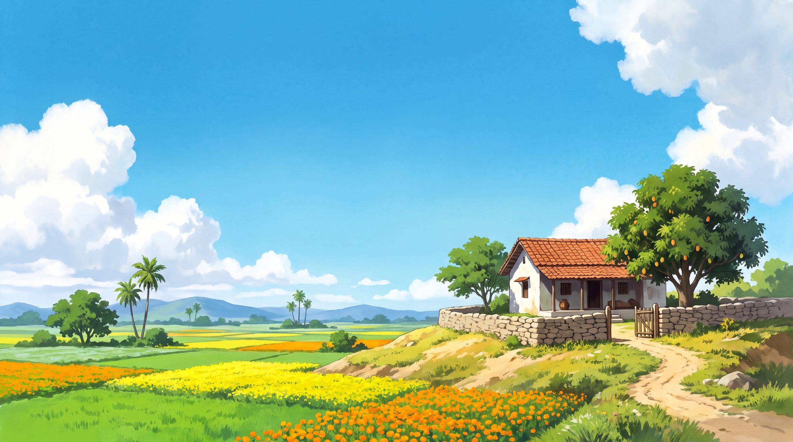 A painted white house with a tiled roof on its own walled hill, under a wide blue sky, with marigold fields around it.